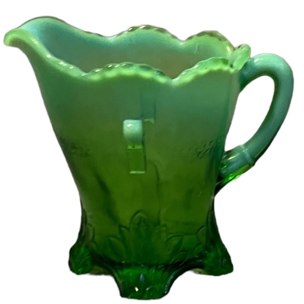 Vintage Green Vaseline Opalescent Pitcher Glass Creamer And Opaque